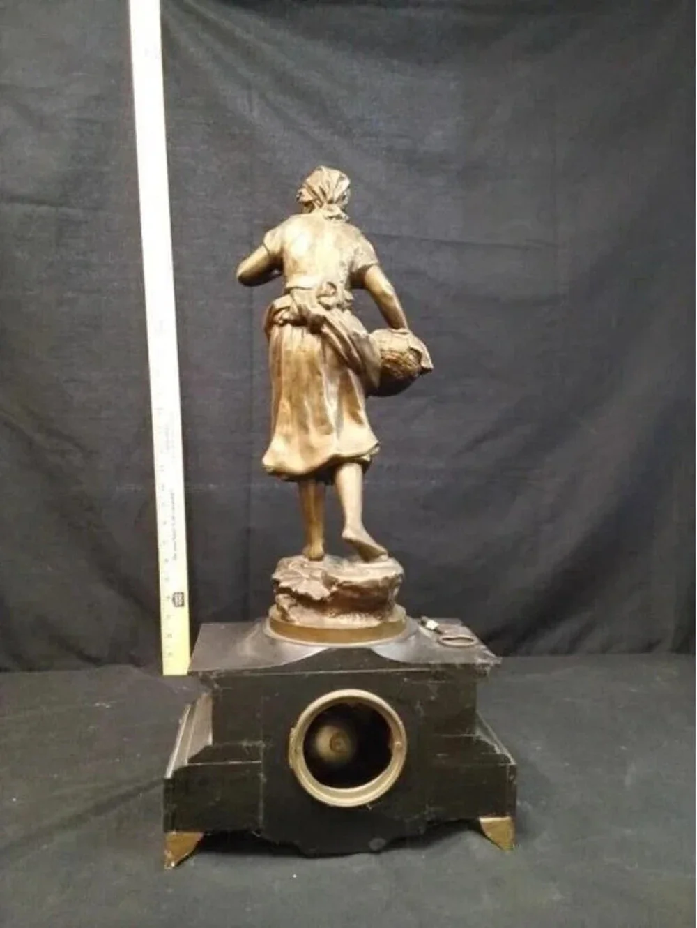 Bronze Woman With Basket Figural Mantel Clock On Black Base Missing Back Plate